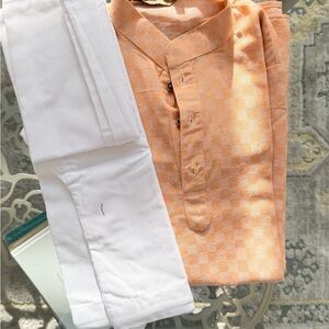 Boys kurta pajama-Kids Peach and White Outfit Set